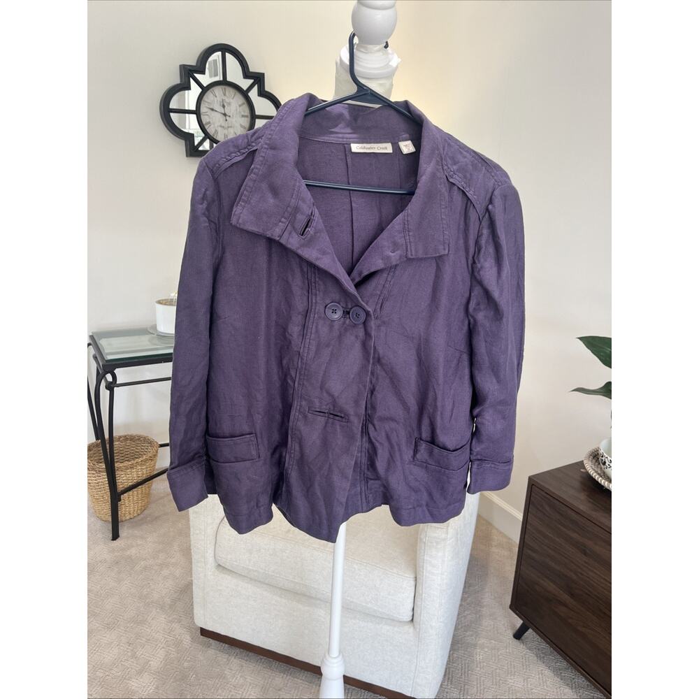 Coldwater Creek Purple Linen Blazer Jacket 3/4 Sleeve Pockets Mock Neck Buttons